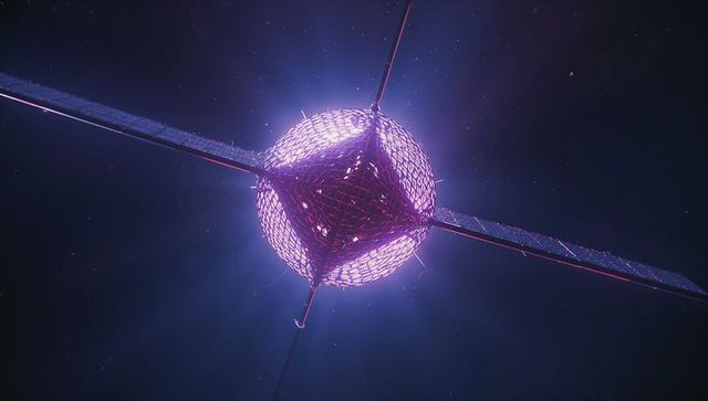 Futuristic spacecraft with purple glow and solar panels in deep space