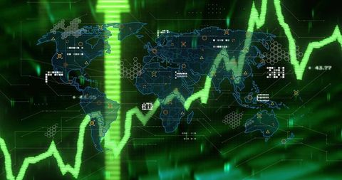 Global data visualization dashboard showing green market trend over neon world map