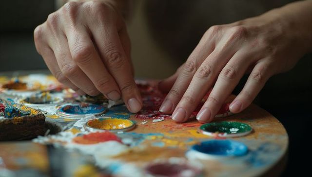 Closeup hands mixing and scraping colorful paint on wooden palette with palette knife
