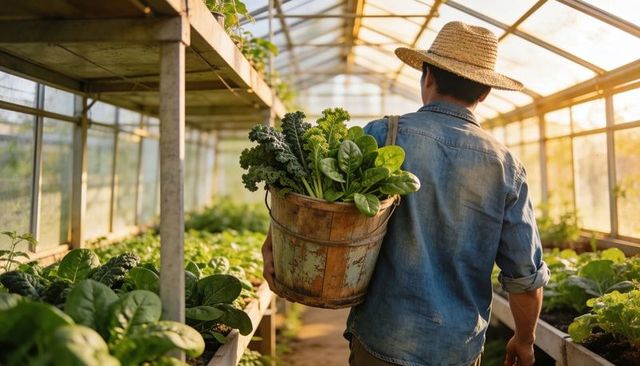 Market grower carrying fresh leafy greens in wooden bucket through sunlit greenhouse