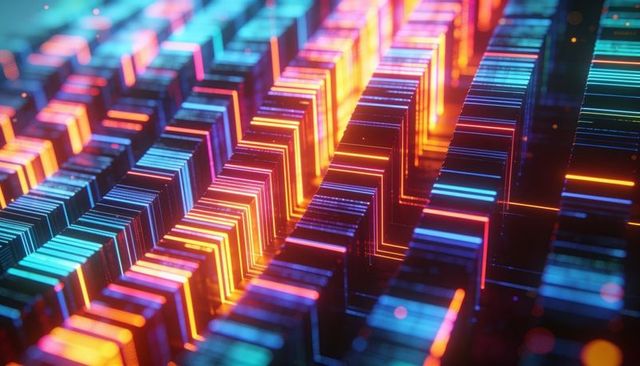 Neon data grid of glowing prisms in futuristic circuit perspective for tech and ai
