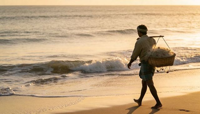 Fisherman walking along golden shoreline carrying fishing nets in woven basket on yoke