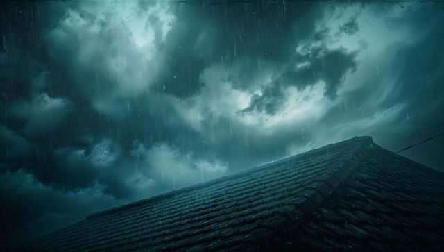 Dramatic storm clouds over rooftop under heavy rain