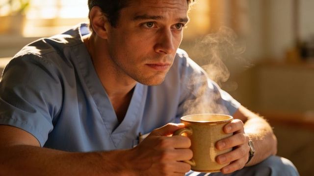 Male doctor holding steaming mug gazing thoughtfully in sunlit breakroom during quiet shift
