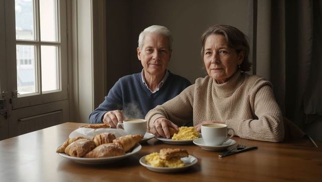 Senior couple enjoying cozy morning breakfast with croissants and coffee by window
