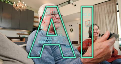 Senior couple using smart tv remote with glowing ai overlay in modern cozy living room
