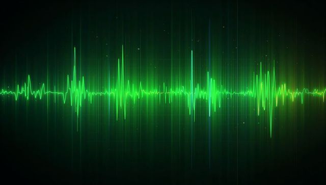 Neon green audio waveform on dark digital background