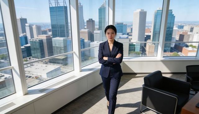 Confident asian executive standing in modern high-rise office overlooking urban skyline