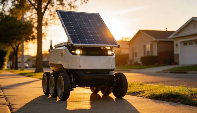 Autonomous solar-powered delivery robot rolling at sunset on residential sidewalk