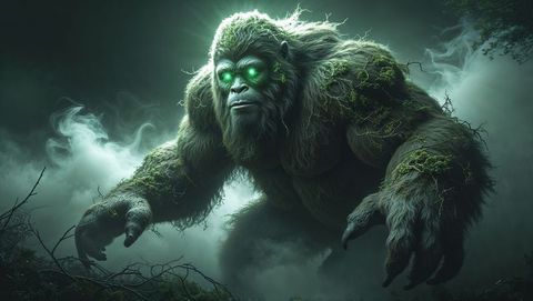 Mythical gorilla creature in mystical jungle night