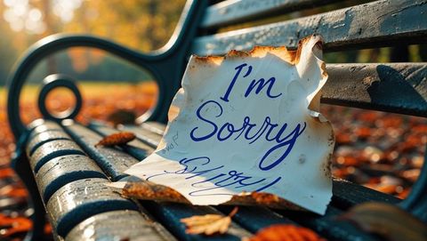 Apology note on park bench with autumn leaves, forgiveness theme