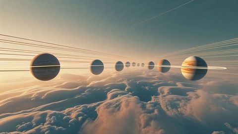 Floating ringed planets above golden clouds