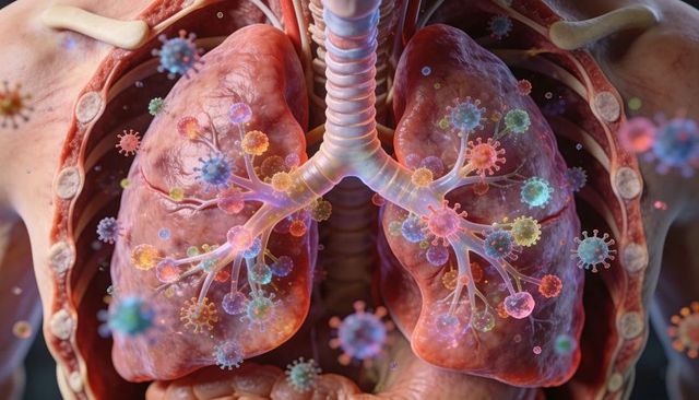 Lung infection visualization showing viral particles in trachea, bronchioles and parenchyma