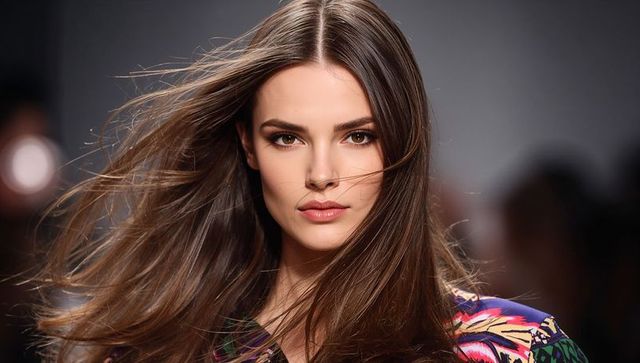 Brunette model posing with flowing hair and colorful patterned top, fashion beauty closeup
