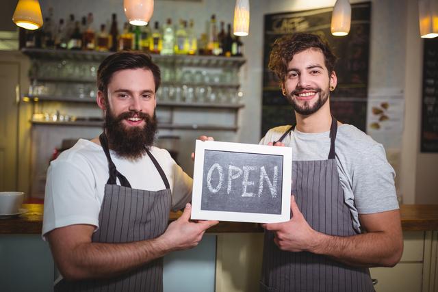Portrait of smiling waiter standing with open sign board in cafe