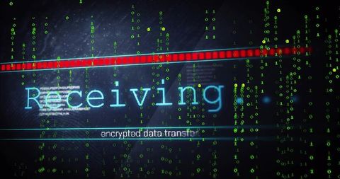 Receiving encrypted data transfer interface with neon binary matrix and alert bar