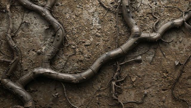 Gnarled root running across weathered forest floor with tangled rootlets and pebbles
