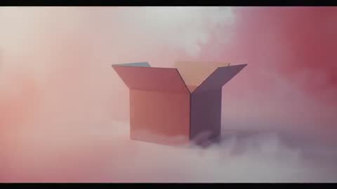 Open cardboard box floating in pastel fog with cinematic letterbox bars