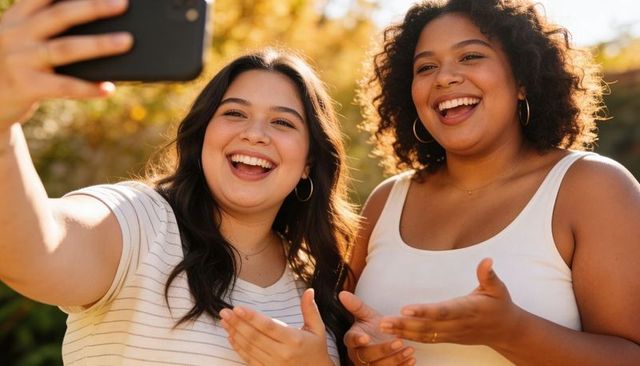 Sunlit friends taking joyful selfie during golden hour in urban park, candid laughter