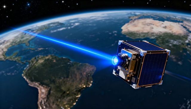 CubeSat Firing Blue Laser Beam Over South America with Solar Panels and City Lights