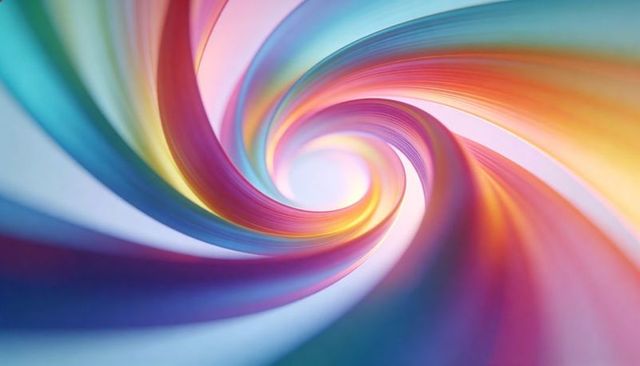 Spinning iridescent ribbon vortex with pastel gradient swirls and glossy depth