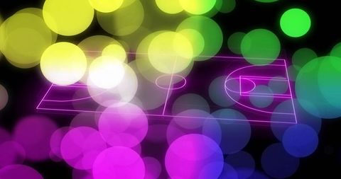 Neon wireframe basketball court with vibrant bokeh lights futuristic gaming background
