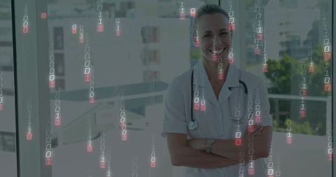 Doctor in white coat with binary code overlay showing innovation in healthcare