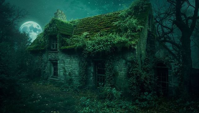 Moss-covered stone cottage under full moon: enchanted woodland escape