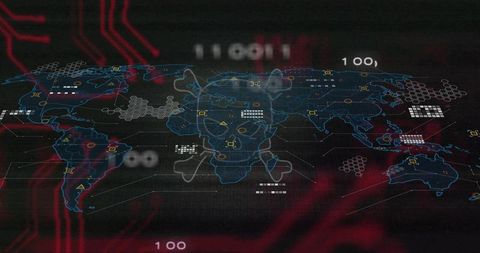 Global cyber threat map showing skull and crossbones holographic dashboard with neon nodes