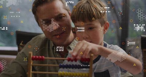 Father guiding son counting on wooden abacus with augmented hud overlays