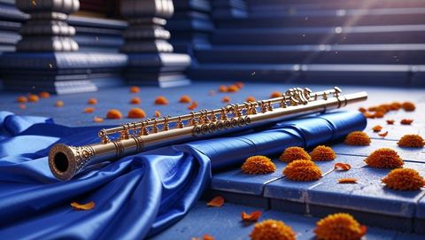 Ornate golden flute of krishna on silk with marigolds in temple courtyard