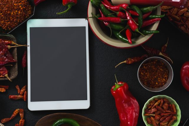 This image shows a digital tablet surrounded by various spices and chili peppers on a black background. It is ideal for use in culinary blogs, cooking websites, recipe apps, and food-related digital content. The combination of technology and cooking ingredients highlights modern cooking techniques and digital recipe usage.