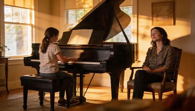 Sunlit living room piano lesson with child practicing on grand piano and relaxed parent