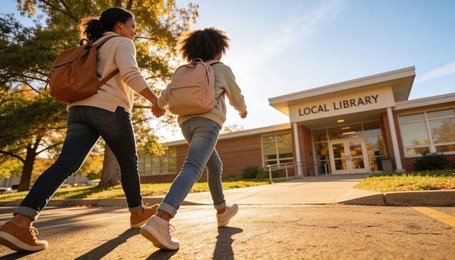 Mother and child walking toward local library holding hands at golden hour