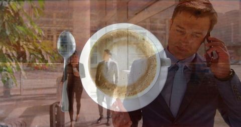 Businessman Walking with Urban Coffee and Luggage Lifestyle