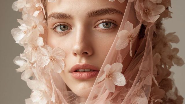Ethereal beauty portrait wearing sheer blush tulle veil with floral appliques