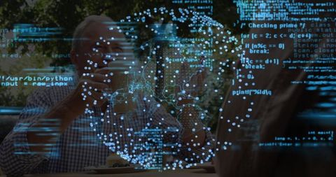 Senior couple discussing holographic globe and code overlay in cafe holding coffee