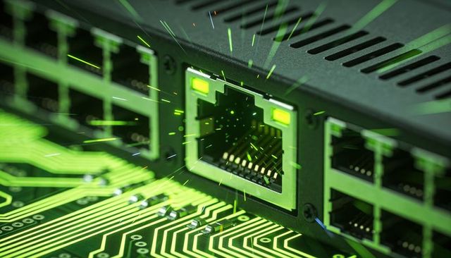 Rj45 ethernet port emitting neon green light over circuit board traces close-up macro