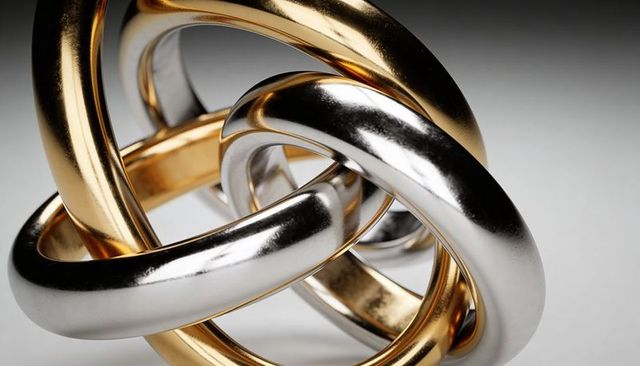Interlocking Gold and Silver Torus Rings Creating Reflective Minimalist Sculpture
