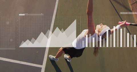 Tennis Athlete Serves on Outdoor Court with Data Visualization