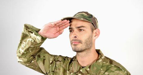 Caucasian male soldier saluting in camouflage uniform