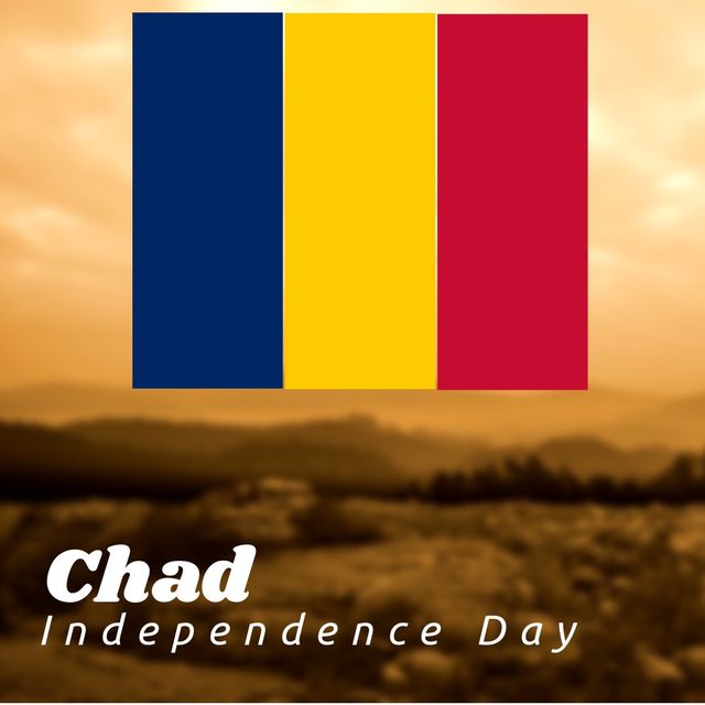 Scenic view of landscape against sky with chad national flag and chad independence day text. Composite, nature, copy space, patriotism, celebration, freedom and identity concept.
