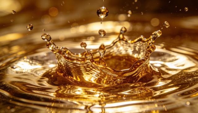 Golden crown splash macro capturing metallic liquid droplets and reflective ripples