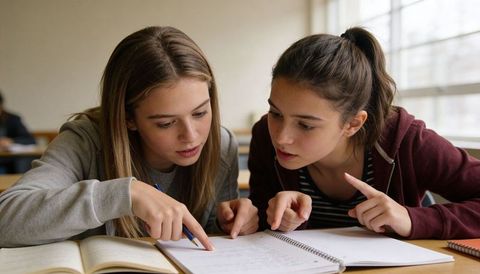 Teen Girls Collaborating on Homework Pointing at Notebook in Classroom Study Session