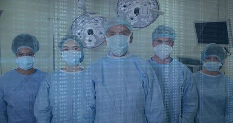 Team of Medical Professionals in Operating Room with Data Overlay
