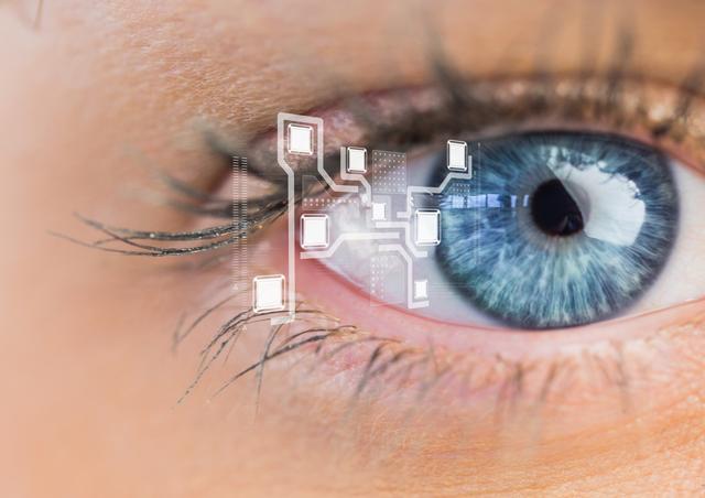 This image shows a close-up of a blue eye with a digital interface overlay, representing the integration of technology with human vision. It can be used in articles or presentations about biometric security, technological advancements, artificial intelligence, and digital transformation. It is also suitable for marketing materials for tech companies or products related to eye care and vision technology.