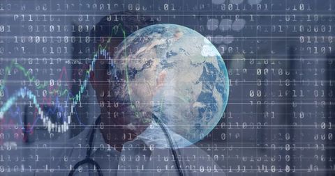 Caucasian Doctor Facing Digital World with Data Overlay and Global Insights