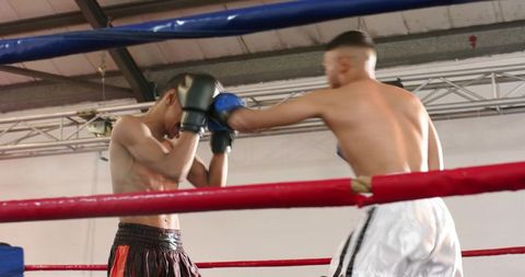 Sparring boxers trading jabs and hooks in boxing ring during intense fitness training