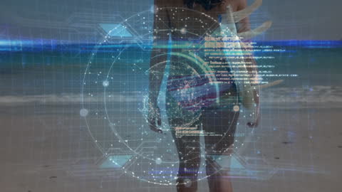 Futuristic Interface Over Surfer at Beach with Surfboard