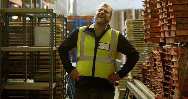 Smiling Warehouse Worker in High Visibility Vest Taking a Break - Download Free Stock Images Pikwizard.com